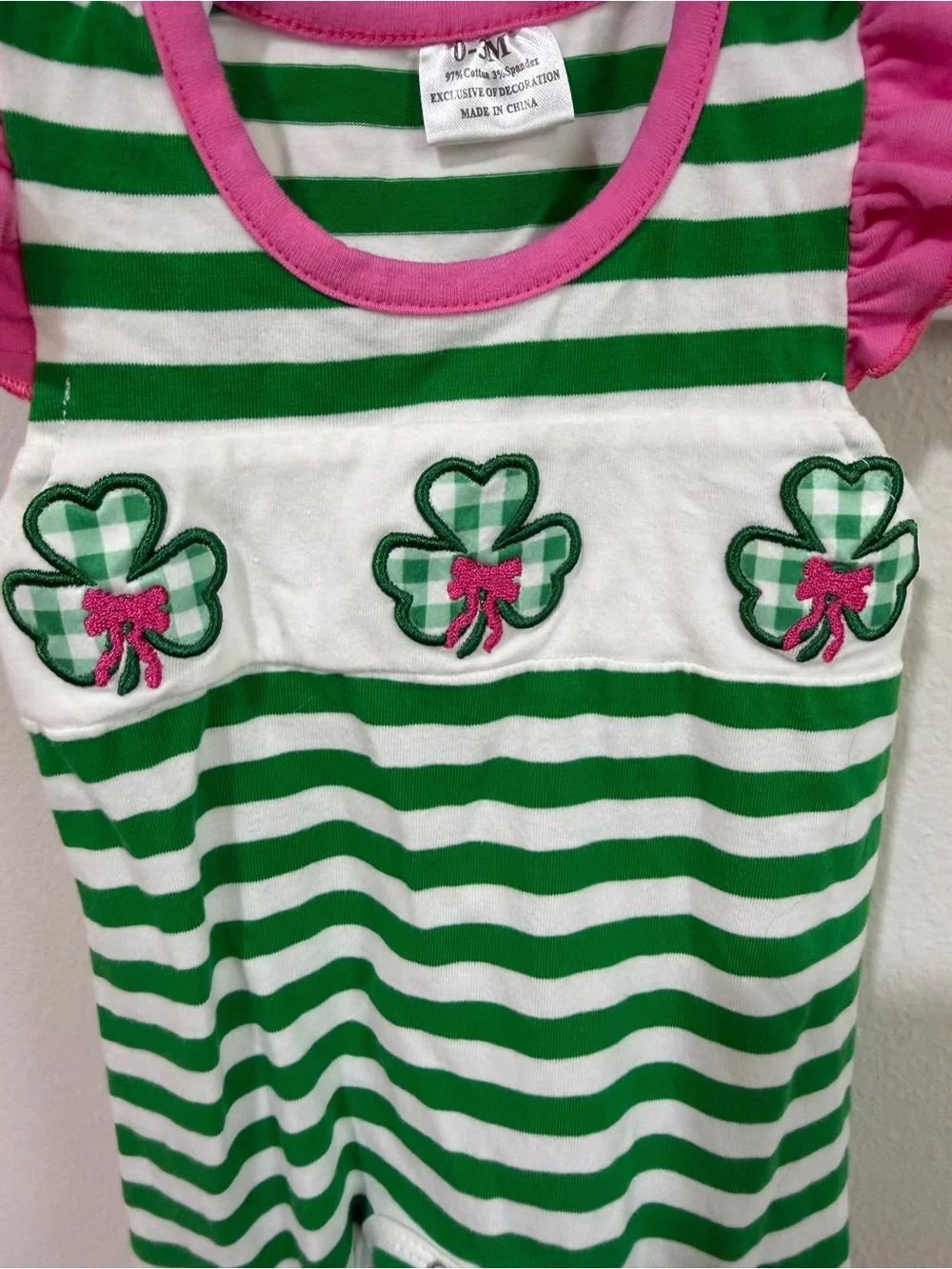 Green & White Striped Shamrock Baby Romper with Pink Ruffle Trim